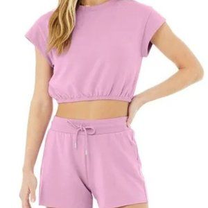Alo Yoga Dreamy Crop Short Sleeve Top & Shorts Set in Pink Lavender